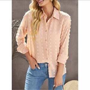 Women’s Swiss Dot Button chiffon top blouse Size S Peach long Sleeve Polka Dot